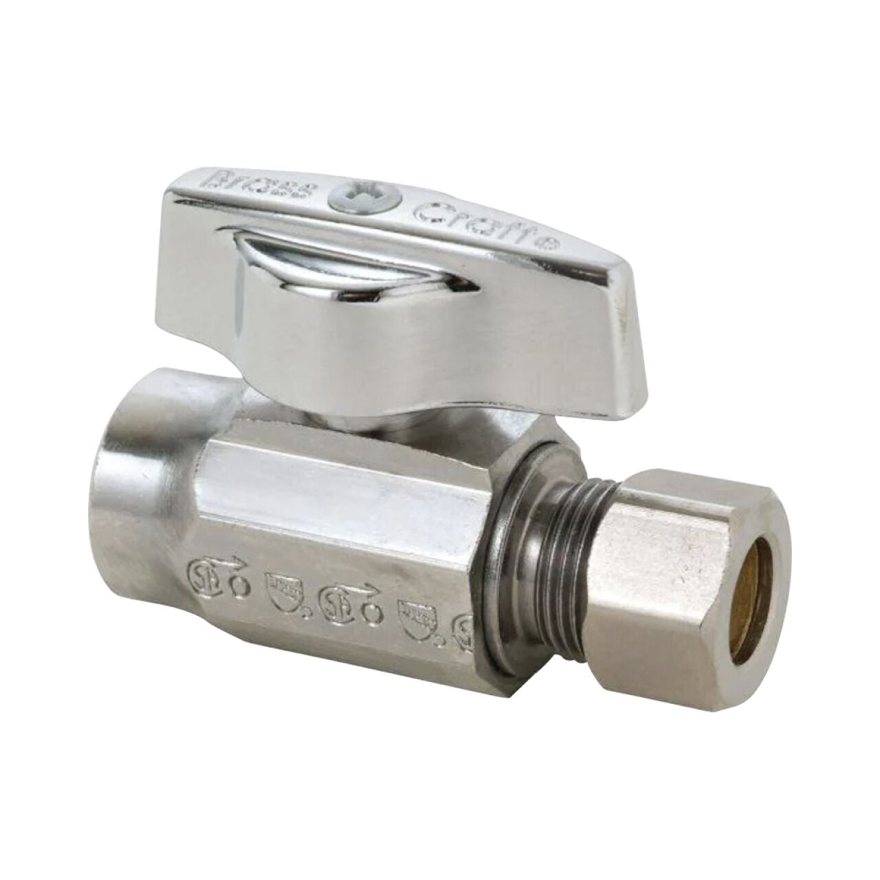 The Go Build 1/2 in. Sweat Inlet x 3/8 in. Compression Outlet 1/4-Turn Straight Valve - Chrome controls water or gas flow in plumbing systems and features a lever handle for easy operation.